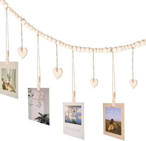 Vista 5 de KLOGTSIND Exhibición de fotos colgante con clips, 9 clips de madera, marcos de fotos bohemios, decoración de pared de collage, colgador de fotos