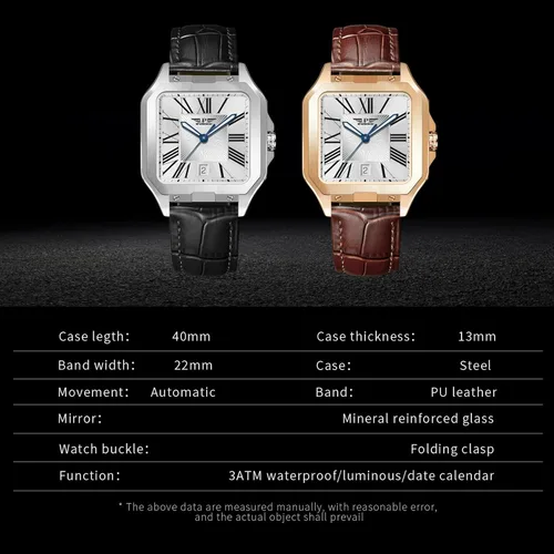 Vista 6 de GLENAW Relojes automáticos para hombre, reloj de vestir de negocios cuadrado, reloj mecánico para hombre, simple y ampliado, escala romana en caja