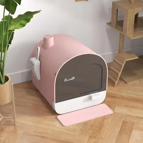 Vista 9 de PawHut Caja de arena para gatos con tapa, caja de arena cubierta para gatos de interior con bandeja, pala, alfombra, filtro, 17" x 17" x 18.5", rosa