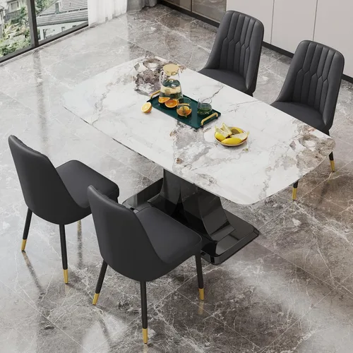 Vista 11 de Moderno juego de mesa de comedor para 4, mesa de vidrio de 63 pulgadas y base de MDF, mesa de comedor de mármol sintético negro con 4 sillas Mesa