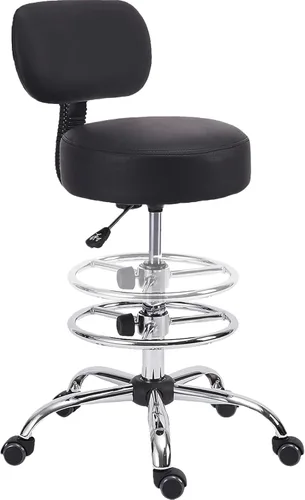 Vista 19 de KLASIKA Taburete con ruedas de respaldo bajo negro, taburetes de tocador de cuero PU, altura ajustable ergonómica giratoria giratoria silla