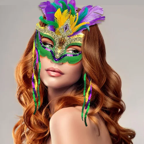 Vista 6 de Máscara de Mardi Gras con plumas para disfraces de mascarada