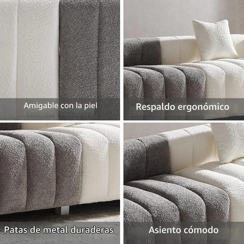 Vista 3 de Sofá moderno de 3 plazas de 87.4 pulgadas, sofá de burbujas para sala de estar, sofá de terciopelo con asiento profundo Teddy Bouclé, sofá de dos