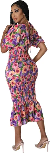 Vista 4 de Vestido sexy de manga corta con cuello en V profundo para mujer, estampado floral, con volantes, para fiesta y club