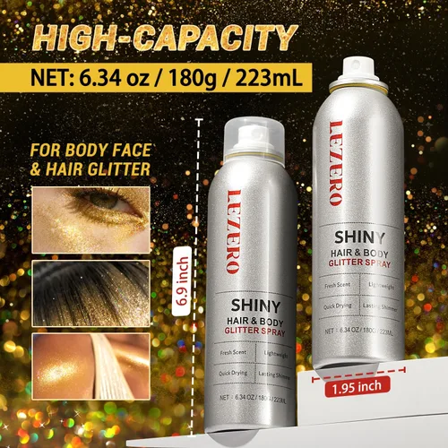 Vista 3 de Spray de purpurina para el cabello y el cuerpo para mujer, maquillaje dorado brillante, gran capacidad para conciertos, bodas, festivales, rave, 6.8