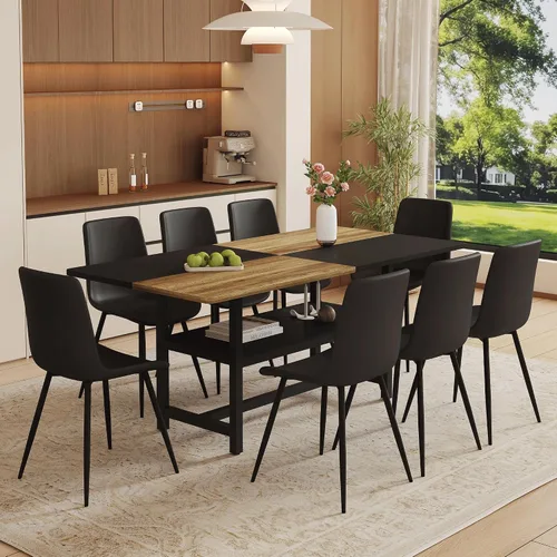 Vista 14 de Juego de mesa de comedor de 71 pulgadas para 6 personas con estante de almacenamiento, juego de mesa de comedor rectangular industrial moderna