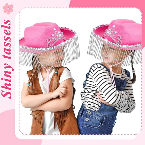Vista 6 de Light up Pink Cowgirl Hat for Girls Rhinestone Cowboy Hat Cowgirl Party Decorations Diamond Fringe Hat Child