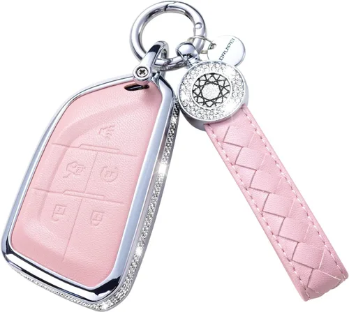 Vista 16 de Funda para llave inteligente con llavero, de piel auténtica color rosa, con cristales, carcasa protectora
