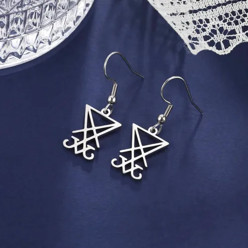 Vista 2 de Lucifer - Pendientes colgantes de acero inoxidable con símbolo satánico, aretes vintage de Leviatán, joyería de la iglesia wiccana, joyería