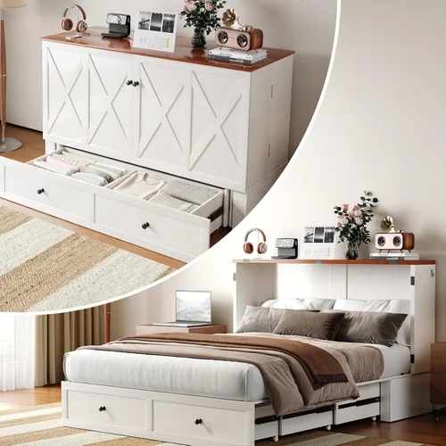 Vista 9 de PUREMIND Cama Murphy de tamaño completo con gabinete, marco de cama escondite multifuncional con cajones de almacenamiento, puertos de carga USB