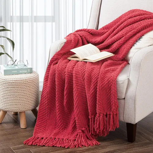 Vista 18 de Manta de punto suave con textura para sofá, manta de tweed crema con borlas de flecos para decoración del hogar, cama, sofá, silla, 50 x 60 Blanco
