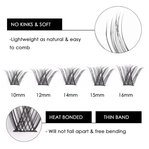 Vista 3 de Extensiones de pestañas en racimo, 72 racimos de pestañas individuales, extensiones de pestañas postizas, kit de extensión de pestañas para colocar