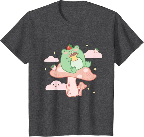 Vista 33 de Kawaii Strawberry Frog On Mushroom - Camiseta de manga corta de anime, Azul / Patchwork, S Azul Pastel