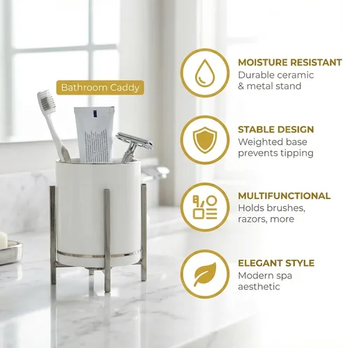 Vista 5 de Organizador de cerámica para cubiertos, soporte redondo para utensilios, soporte para utensilios de cocina para encimera, taza de cerámica con borde