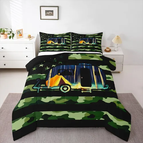 Vista 17 de Erosebridal American Flag Twin Comforter Set Army Green Camo Bedding Set for Kids Boys Girls Bear Claw Hunting Theme Bed Set Camoflage Camping