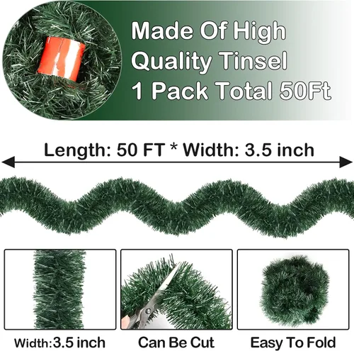 Vista 2 de Guirnalda Verde de Navidad de 50 Pies Guirnalda de Vegetación Artificial para Decoraciones de Árbol de Navidad, Decoración Navideña para Hogar