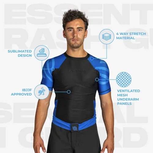 Vista 5 de Sanabul Esencial manga corta Rash Guard MMA BJJ Wrestling Grappling Jiu Jitsu Azul