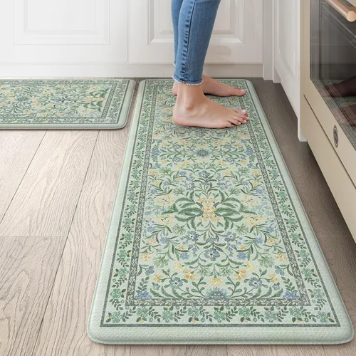 Vista 15 de Collive Tapete Anti Fatiga para Piso de Cocina, Tapetes de Cocina con Diseño Floral Primaveral para Piso Juego de 2, Alfombras para Fregadero Beige