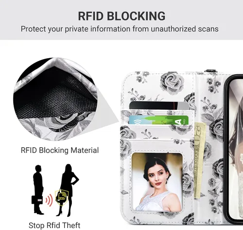 Vista 6 de ULAK Compatible con iPhone 13 Funda tipo cartera para mujer, funda tipo billetera de piel PU con tarjetero y función de caballete, funda protectora
