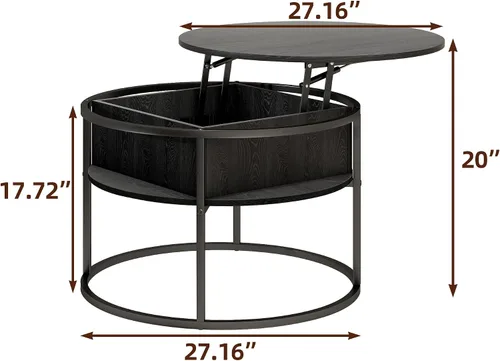 Vista 2 de HOJINLINERO Mesa de centro redonda elevable, con compartimento oculto de almacenamiento, decoración de mesa de centro de madera de granja
