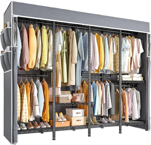 Vista 6 de Raybee Perchero para ropa con cubierta, perchero para colgar ropa, armario portátil, ajustable, 1150LBS, 18" de profundidad x 76" de ancho x 77