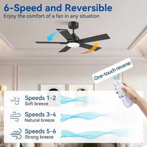 Vista 4 de Ventilador de techo inteligente de 42 pulgadas con control remoto de luces Montaje empotrado en negro y nogal