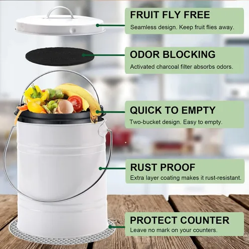 Vista 2 de Contenedor de compost para encimera de cocina, LALASTAR - Contenedor pequeño de compost de metal para cocina interior sellado con tapa