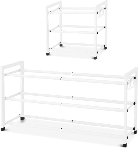 Vista 11 de Zapatero Expandible para Armario Zapatero de Metal Ajustable para Entrada 18.5"-33" Organizador de Zapatos Independiente 12 Pares con Ganchos