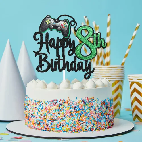 Vista 2 de Decoración de pastel de feliz cumpleaños 8 para videojuegos, suministros para tartas de fiesta de cumpleaños de 8 años, juego en nivel, decoración