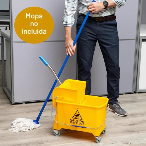 Vista 3 de Mind Reader Cubo para trapeador con escurridor, 22 cuartos (5.5 galones), limpieza de pisos, mango, ruedas, 16.25"L x 10.75"W x 24.5"H, amarillo