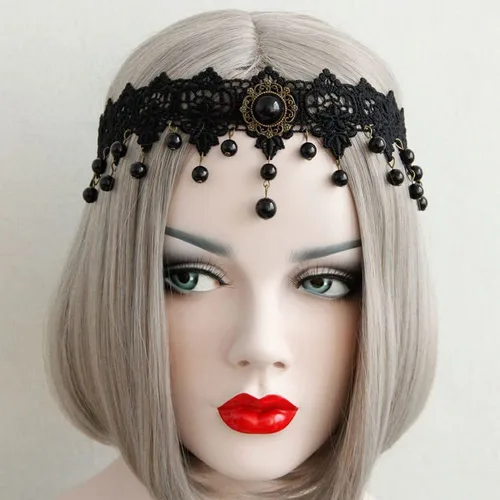 Vista 5 de Catery Diadema de vampiro gótica de encaje negro para Halloween, accesorios de vampiro para mujer