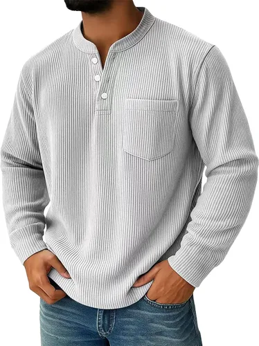 Vista 6 de Sudadera Henley para hombre, cuello en V a rayas, ajuste holgado, suéter de manga larga con bolsillos