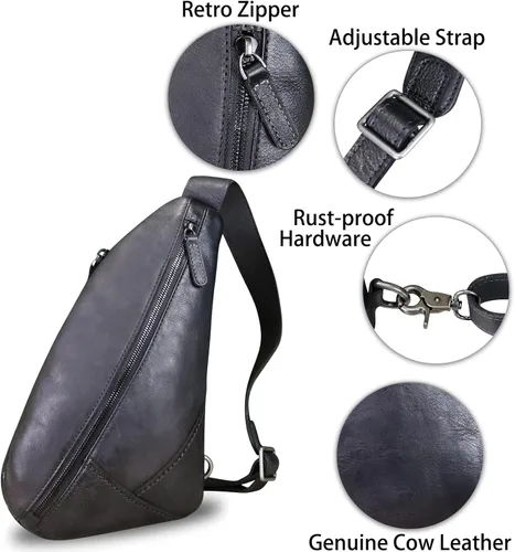 Vista 6 de LRTO Bolso de cuero genuino para mujeres y hombres, mochila de cuero vintage para el hombro, bolso cruzado en el pecho, Grisoscuro