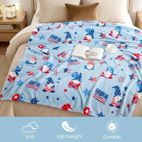 Vista 3 de Cozy Bliss Manta patriótica de gnomo, manta cálida para el 4 de julio, manta de felpa lechosa, ultra suave y acogedora para sofá, sofá y cama, azul