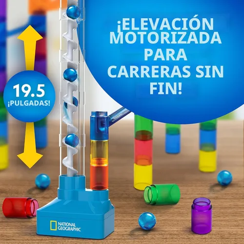 Vista 2 de National Geographic Marble Run con Elevador Motorizado, kit de laberinto de canicas de 95 piezas con elevación en espiral motorizada, 20 canicas