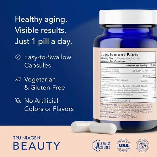 Vista 5 de TRU NIAGEN Paquete de belleza de 300 mg. Un paquete completo para el apoyo diario de NAD+ con activos de belleza específicos para una piel, cabello