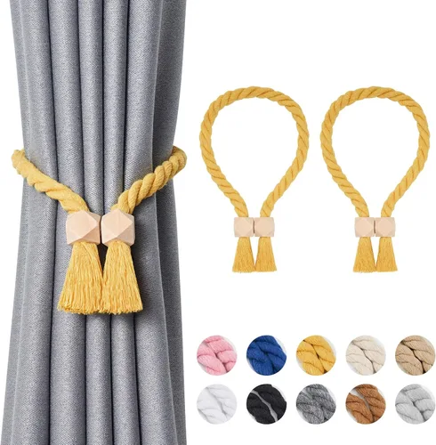 Vista 60 de NICEEC 2 Pack de Alzapaños Magnéticos de Madera en Forma de Cubo Boho para Decoración del Hogar, Alzapaños de Lino Tejidos a Mano para Cortinas Beige