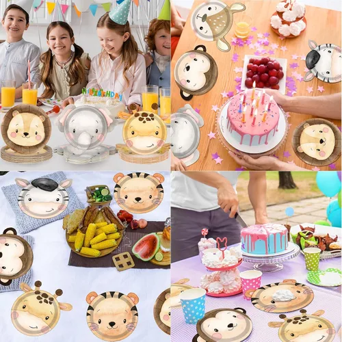 Vista 7 de Naozinebi 60 platos de fiesta de animales de la selva, platos de papel con forma de animales de safari, zoológico, selva, desechables, decoraciones