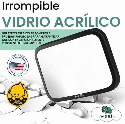 Vista 5 de Leo&Ella Espejo de coche para bebé, tamaño mediano, con montaje ajustable de 360°, visión infantil ultra transparente, inastillable, montaje