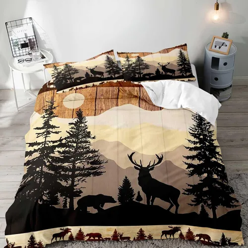 Vista 20 de LUVIVIHOME Juego de funda de edredón de 2 piezas, diseño de oso y alce, ciervo, ciervo, ropa de cama de cabaña, ropa de cama rústica de granja