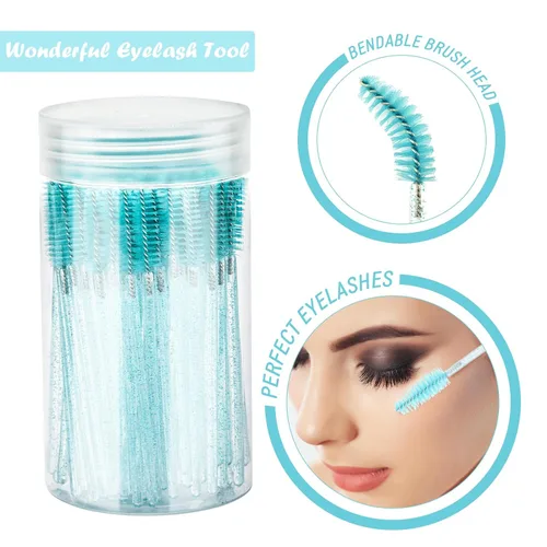 Vista 3 de G2PLUS 100 cepillos de pestañas, varitas desechables ajustables, carrete de pestañas de cristal, cepillo de carrete de cejas con recipiente para Azul