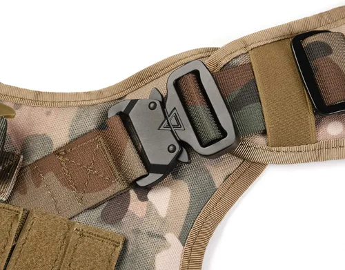 Vista 4 de Arnés táctico para perro con asa, chaleco Molle de entrenamiento militar con hebillas de metal y paneles de bucle, correa elástica para perro
