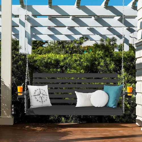 Vista 3 de Plawdlik Columpios de porche, silla de patio de 2 asientos con dos portavasos, banco impermeable de polietileno de alta densidad para patio