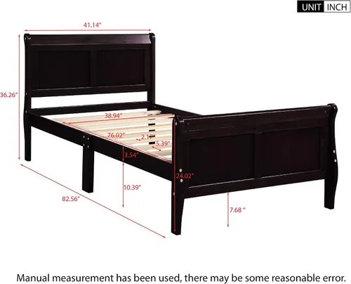 Vista 3 de Base de cama de trineo de madera individual, cama de plataforma con cabecero y estribo, listones de madera, no necesita somier, diseño resistente
