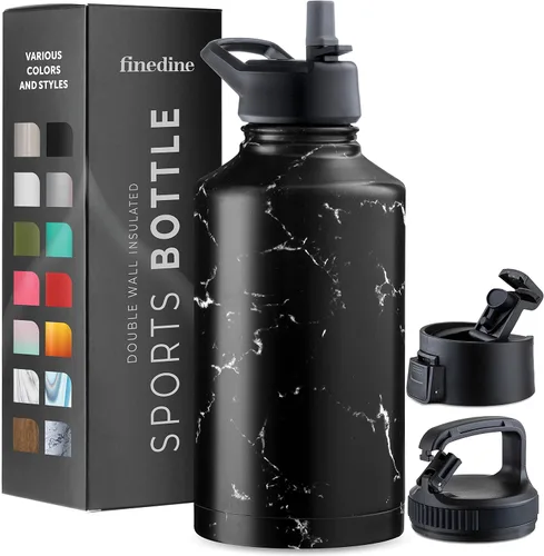 Vista 52 de FineDine Botellas de agua aisladas de triple pared con popote, botella de metal de acero inoxidable de 25 onzas con 3 tapas a prueba de fugas