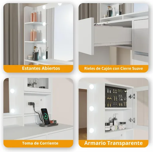 Vista 6 de Escritorio de tocador con espejo y luces, mesa de tocador de maquillaje con 6 cajones y 3 estantes de almacenamiento, toma de corriente y taburete