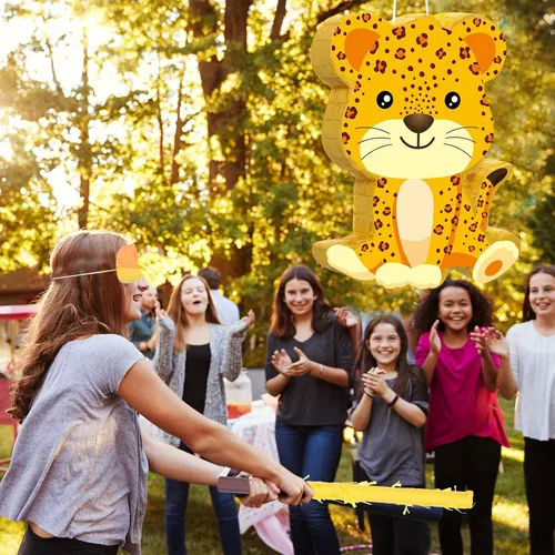 Vista 5 de Aoriher Piñata de guepardo, suministros de fiesta de leopardo con vendas y murciélagos, suministros de cumpleaños con estampado de leopardo