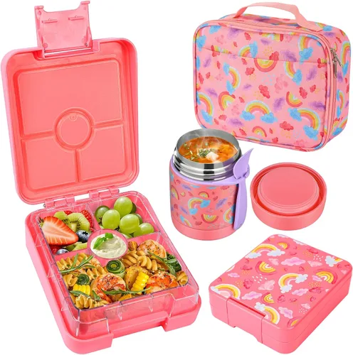 Vista 12 de Pawtong Set de Loncheras Bento con Termo para Sopa de 10oz, loncheras a prueba de fugas con 4 compartimentos, termo para alimentos calientes