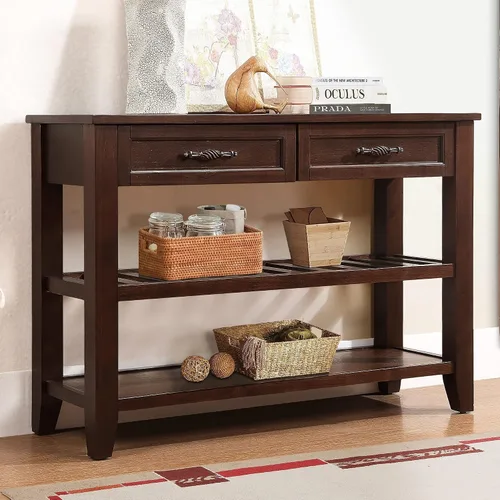 Vista 19 de Mesa consola multifunción vintage, mesa de sofá moderna de 62.2 pulgadas con 4 cajones y 2 estantes de almacenamiento, aparador de madera para Blanco