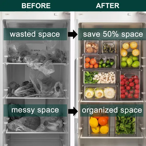 Vista 2 de LALASTAR Paquete de 2 organizadores de refrigerador con cajón extraíble, organizador apilable para congelador, organización y almacenamiento